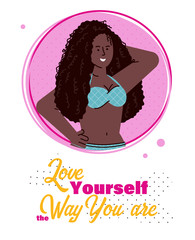 African girl and slogan of body acceptance, flat vector illustration isolated.