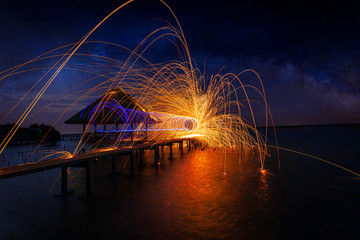 Night sky with milky way.Swirl Steel Wool light Photography over the rock and water at night Sam Phan Bok.Photo by long exposure with noise and grain