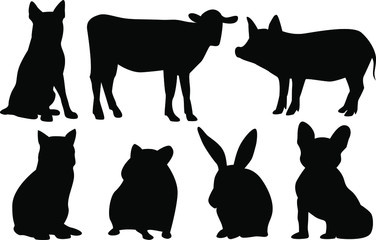 Black silhouettes on a white background, animals and pets