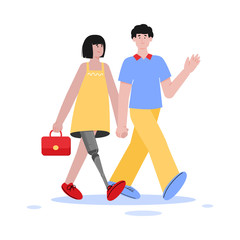 Cartoon girl with artificial leg in happy couple - young disabled woman