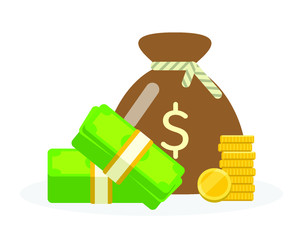 Sack of money, gold coins stack and dollar bills packs