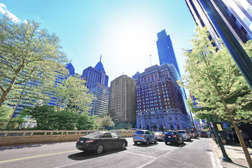 Traffic on JFK boulevard and Penn Center with skyscrapers