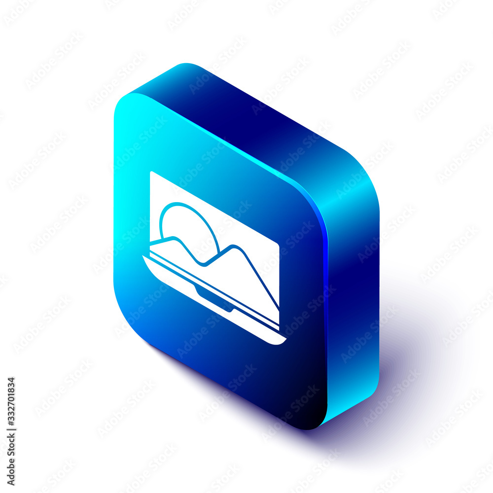 Poster Isometric Laptop icon isolated on white background. Computer notebook with empty screen sign. Blue square button. Vector Illustration