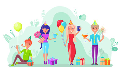 Fototapeta premium Birthday party with friends vector, woman with balloons wearing cap taking selfie with phone. Man with wine glass of alcoholic drink in hand flowers