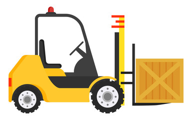 Forklift machine for loading and unloading packages. Yellow industrial truck used to lift and move materials over short distances. Wooden big box transportation within warehouse. Vector illustration