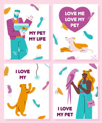 Pet and owner love card set - cat, dog and cartoon people holding parrot and fish