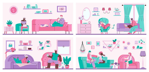 Cartoon people relaxing in living room - flat set of men and women on sofas