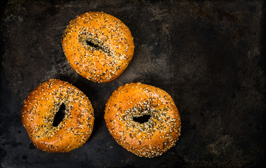 Freshly Baked Breakfast Bagels Topped with Sesame Seeds, Poppyseeds, Garlic and Onion on Old Dark Rusty Metal Background. Selective focus.