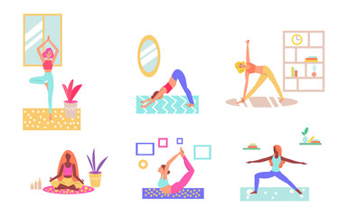 Women doing yoga at home - cartoon set of people stretching in living room