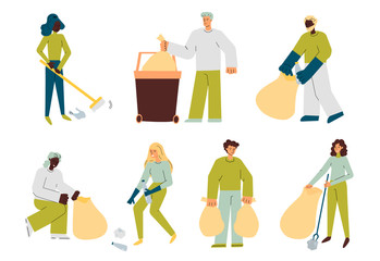 Set of diverse people characters cleaning streets sketch vector illustration.