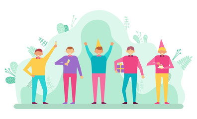 Group of cheerful people celebrating birthday party. Friends wearing cone hats, eating cake and drinking champagne. Festive mood, gift boxes vector