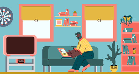Cartoon man working on laptop on living room sofa - modern apartment interior