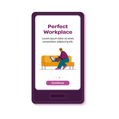 Perfect workplace app - man with laptop working from home on living room sofa.