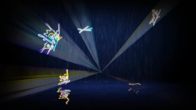 Computer simulation of an animated laser show on a water screen (based on a real laser show). Fantasy on the theme of Alice in Wonderland