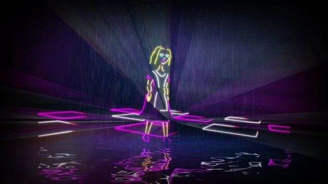 Computer simulation of an animated laser show on a water screen (based on a real laser show). Fantasy on the theme of Alice in Wonderland.
