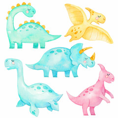 Set of different watercolor cute dinosaurs isolated on white background. Little dinosaurs prehistoric period. Watercolor illustration