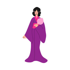 Japanese woman character in purple kimono sketch vector illustration isolated.