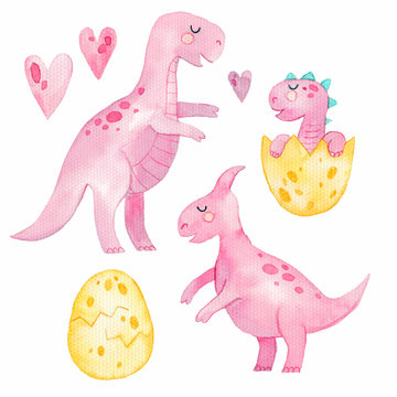 Watercolor set of cute dinosaurs isolated on white background. Hand painted mother and baby in eggs. Watercolor illustration