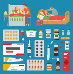 Naklejka premium Pills and syrups for treatment of disease vector, father caring for sick child laying in bed, tubes of ointment and thermometer, blister with capsules
