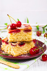 Tart Cherry Cake with Powdered Sugar. Selective focus.