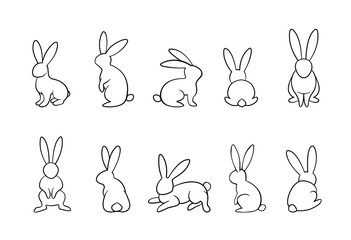 bunny outline vector set, rabbits in different position collection, monochrome, easter, line art, outline, isolated on white background