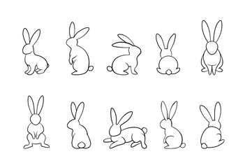 bunny outline  set, rabbits in different position collection, monochrome, easter, line art, outline, isolated on white background