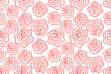 Floral seamless pattern, flower background. Outline flowers - line chamomile, jasmine, daisy. Pink and red