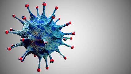 Fototapeta na wymiar 3D rendering, blue coronavirus cells covid-19 influenza flowing on grey gradient background as dangerous flu strain cases as a pandemic medical health risk