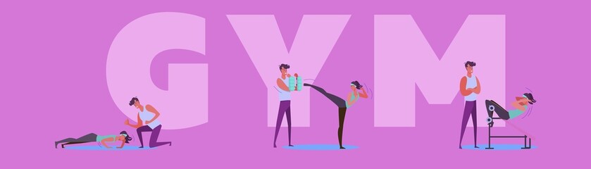People in gym set. Woman training body with instructor, weight and equipment. Flat vector illustrations. Exercise, sport concept for banner, website design or landing web page
