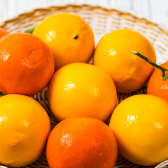 Mandarin and Lemon Oranges. Meyer lemon Hybrid Citrus Fruit Native to China. Selective focus.