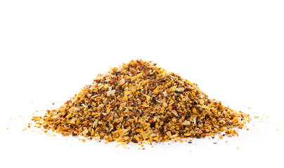 Lemon Pepper Seasoning Spice Isolated on White Background Macro with shallow dof. Selective focus.