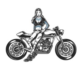 Pretty biker girl and classic motorcycle