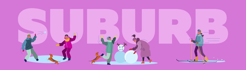 Winter suburb street set. Children snowboarding, skiing, playing snowballs, having fun. Flat vector illustrations. Vacation, outdoor activity concept for banner, website design or landing web page