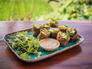 close-up of healthy vegan spring rolls with mango, avocado, tofu, mushroom, roots, local herbs, peanut butter sauce and green salad on a plate on table with rice field in the background
