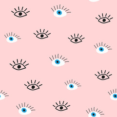 Cute seamless pattern with eyes drawn by hand. Doodle, sketch. Girly vector illustration.