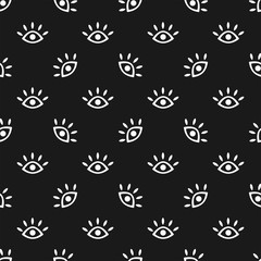Simple seamless pattern with repeating white eyes on black background. Modern vector illustration.