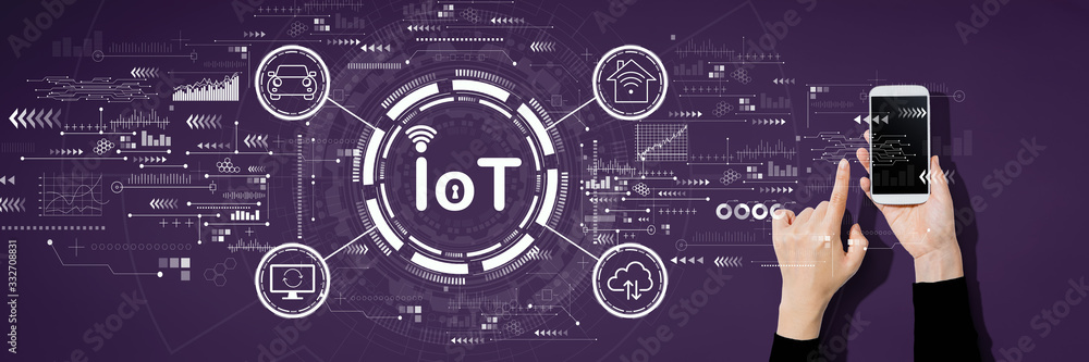 Poster iot theme with person using a white smartphone