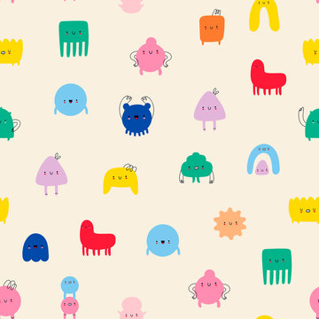 Hand drawn cute Tiny Little Doodle Monsters. Cheerful face emotions. Colorful Vector Seamless pattern. Trendy illustration for kids. Perfect for textile prints
