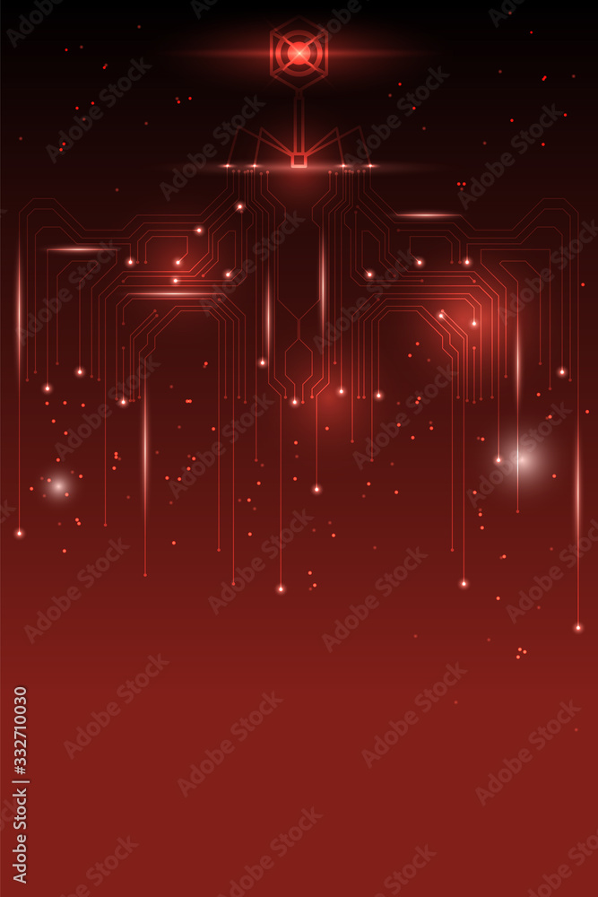 Poster abstract technology background with glowing virus on electronic circuit with red sparkle effect.