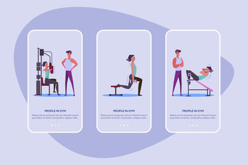 People in gym set. Woman training body with instructor, weight and equipment. Flat vector illustrations. Exercise, sport concept for banner, website design or landing web page