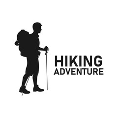 Man holding stick go hiking silhouette. Trekking adventure. Holiday outdoor activity. Camping equipment. Backpacker style. Backpacking in nature concept - Vector icon sign or symbol illustration.