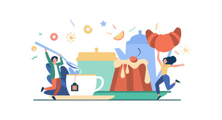 People having fun in tea party. Cartoon men and woman enjoying hot drink, cookies, croissant, dessert. Vector illustration for coffee break, bakery, sugar, menu concept