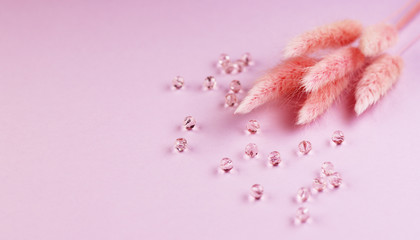 pink fluffy plants with small glass balls. crystal beads are scattered on a pink background. pastel background for spring