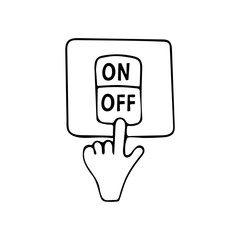 Light switch. Hand presses the button off. Earth Hour. Save planet concept. Black and white doodle style illustration