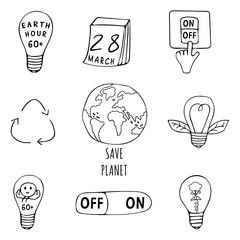 Set of icons on the theme of Earth Hour. Globe, tear-off calendar, light bulbs, tree, light switch, slider, recycling sign in the form of three arrows. Save planet concept doodle style 
