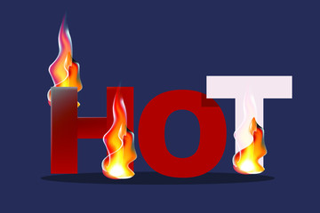 Vector red  text inscription HOT  with flames fire on the dark blue background.Vector stock.