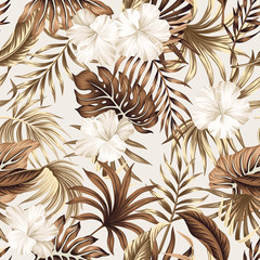 Tropical floral foliage palm leaves, hibiscus flower seamless pattern beige background. Exotic jungle wallpaper.
