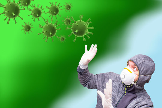 Man with hood, mask and gloves surprised by the attack of green spherical viruses and long legs - Powered by Adobe
