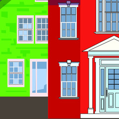 Facades of colored houses close-up. Red and green houses in classic style on the street of the old city.