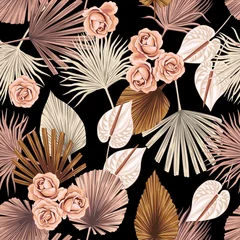 Wall murals Brown Tropical floral boho dried palm leaves, rose, anthurium flower seamless pattern black background. Exotic jungle wallpaper.